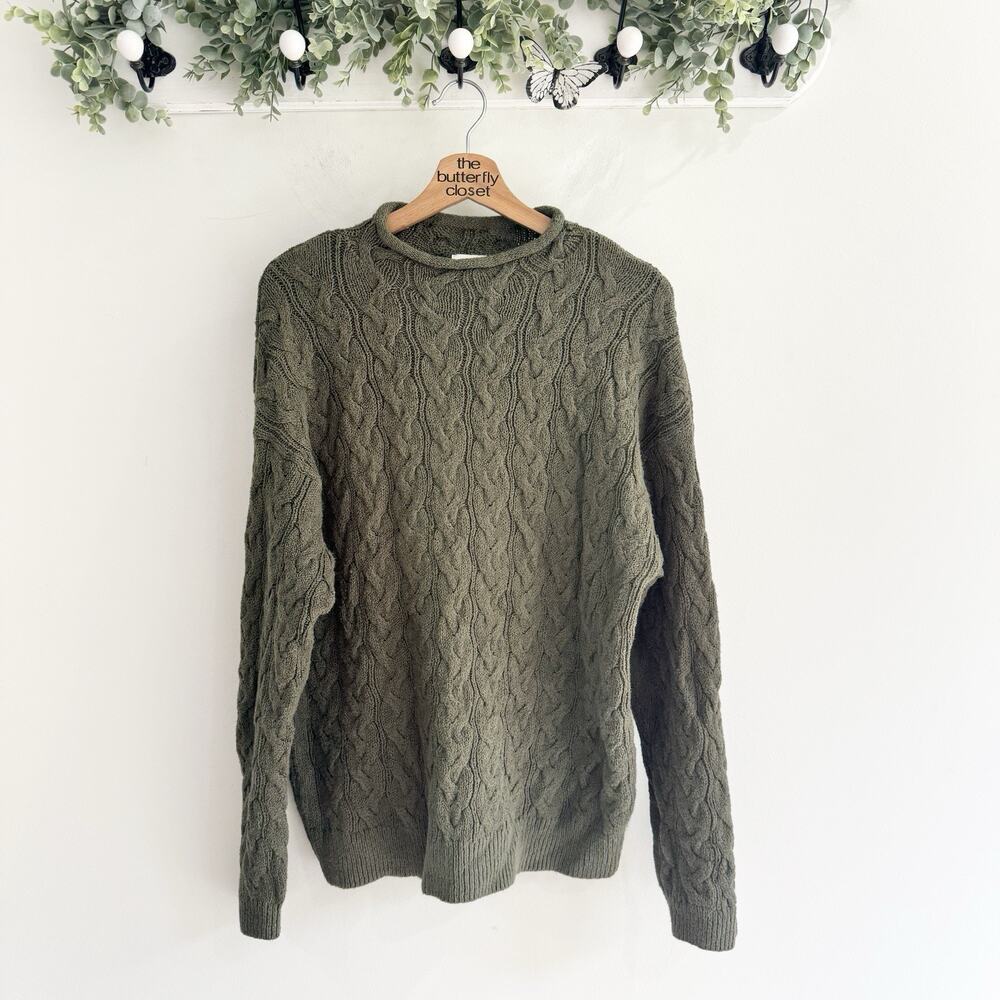 J. Crew Green Cable Knit Rolled Neck Sweater XL K5579 holiday 2025